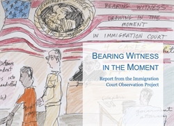 [ai] A hand-drawn illustration featuring a courtroom scene with a U.S. flag in the background. Text overlay reads "Bearing Witness in the Moment, Report from the Immigration Court Observation Project." The image depicts court activities including a defendant and attorneys.